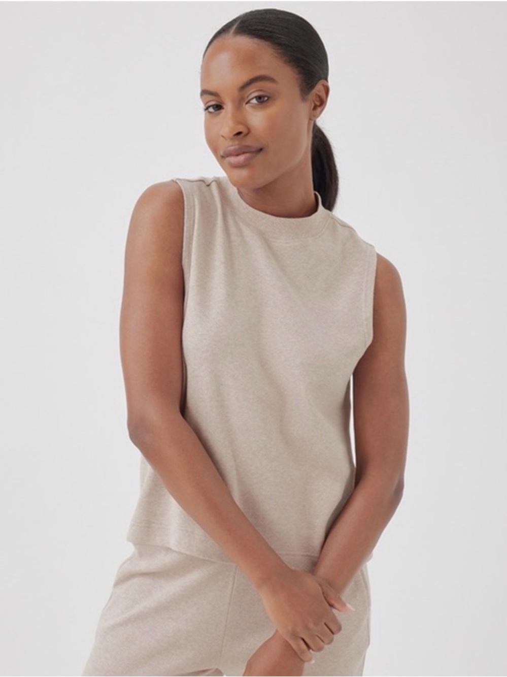 Pact-Airplane Organic Cotton Sleeveless Mock Neck Top in Light Beige